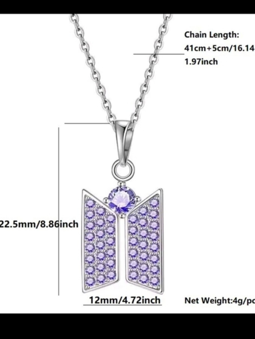 BTS Inspired Purple Crystal Logo Necklace Kpop ARMY Fan Jewelry Silver Tone - Picture 6 of 7